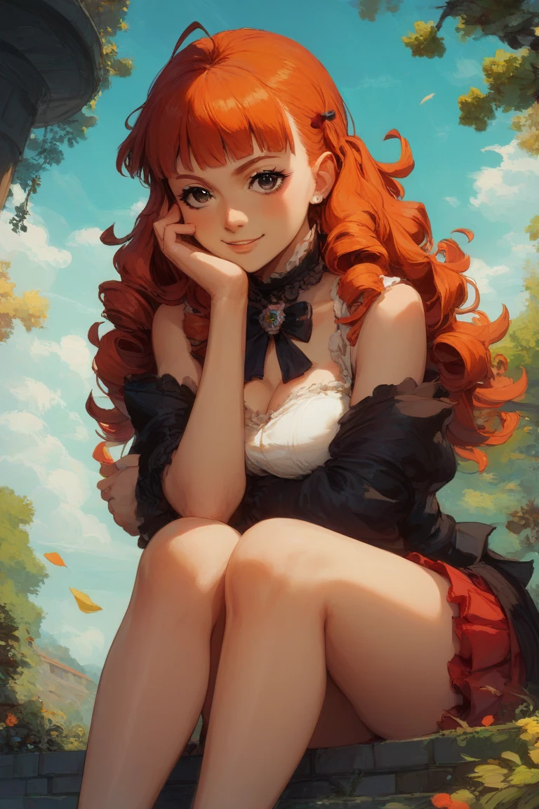 Anime girl with red brown hair and black eyes sitting on a black surface, dream diary, anime girl named Lucy , female protagonist, art from Maple Story  ,  Sakura Kinomoto ,  red cheeks , Redhead girl, red - cheeks!!, Otro iwakura, Red hair, madeline de celeste, with curly red hair