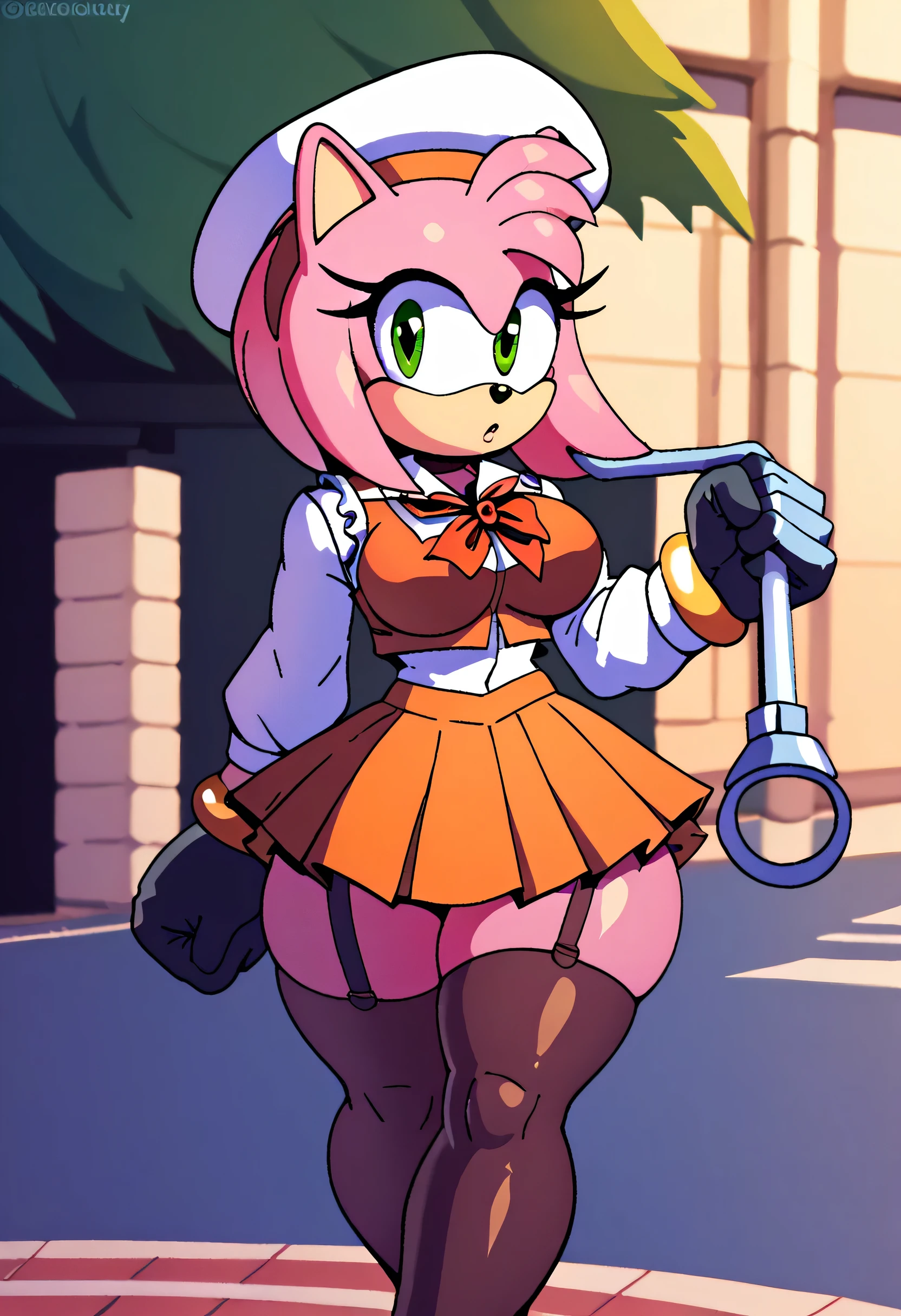 Amy rose, green eyes ,schoolgirl vest,  sailor's hat  , long hair ,,schoolgirl skirt,  black stockings with straps,,   black gloves  , small hips ,  big breasts,small hip,   big thighs,    walking down the street  , At a crosswalk , At dusk  