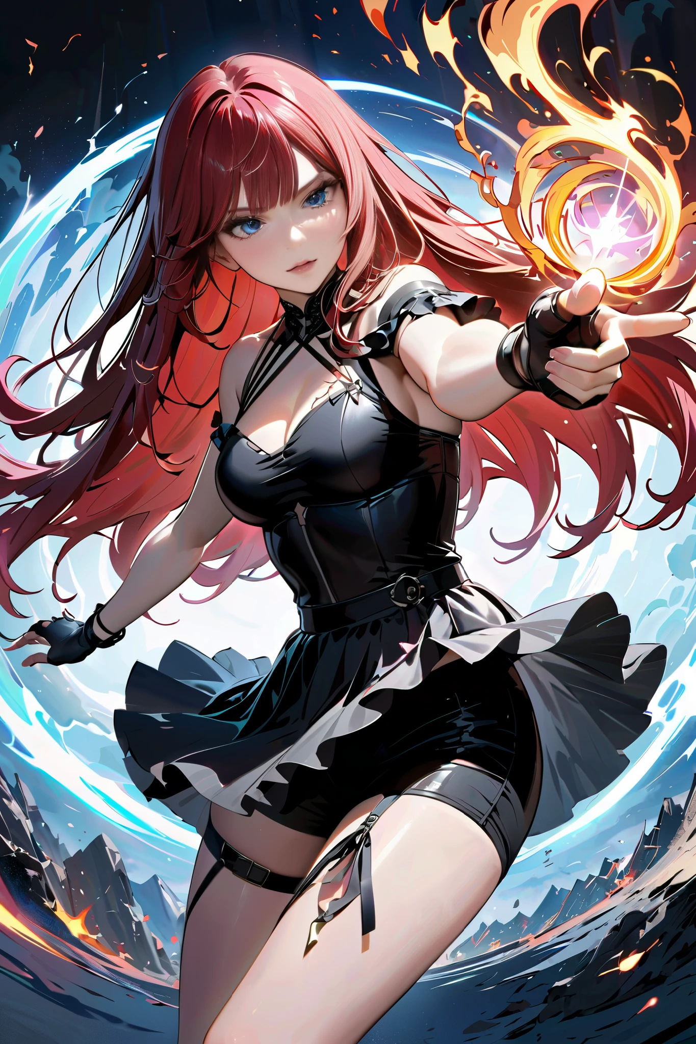 A skirt that floats up with magic and black inner shorts underneath, Black inner shorts in a skirt with a glimpse of the skirt,from side,wizard using flame magic, finger gun,fingerless gloves, magic activation, action, dynamic composition, Dynamic composition,dutch angle,Miniskirt,hand,Beautiful thighs,{{fight}},{{masterpiece}}, {{{Highest quality}}},{{Very detailed}},Straight hair,Long hair ,Red Hair, blunt bangs,Blue eyes