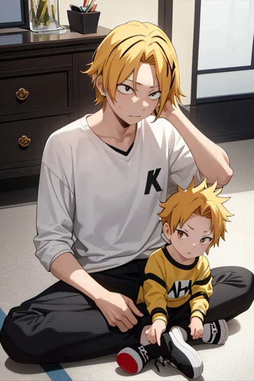  masterpiece ,  better quality ,  lyrics, 1 , Alone, male focus,  looking at the spectator ,  upper body, Kaminari_thank you, blonde hair,  multicolored _hair,   toddler, curious,  sitting on the floor , mirada: curious