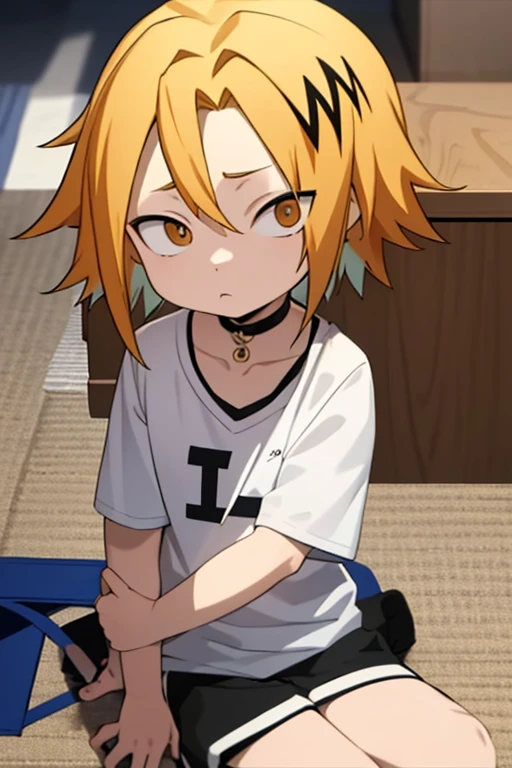 Highres, Masterpiece, Best quality at best,Best Quality,hight quality, hight detailed, 1boy, Shota, Blonde, Orange hoodie with red stripes, Sleeveless hoodie, open zipper, Bdsm, Tied wrists, (very young boy), (very small and short body), 12-year-old boys, hansome, Sweat