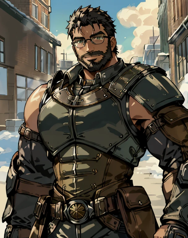  masterpiece ,  better quality ,  full coat,  a man, 30 YEARS, stallion, piece, only,  muscle shirt, sportsman,  huge muscles ,  black hair, black beard, ((full beard:1.0)), black mustache,  green eyes, Steampunk glasses on the head, Steampunk armor, (((sleeveless armor:1.0))), Pulsed steampunk,  looking at the spectator ,  happy expression ,  session