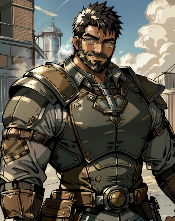  masterpiece ,  better quality ,  full coat,  a man, 30 YEARS, stallion, piece, only,  muscle shirt, sportsman,  huge muscles ,  black hair, black beard, ((full beard:1.0)), black mustache,  green eyes, Steampunk glasses on the head, Steampunk armor, (((sleeveless armor:1.0))), Pulsed steampunk,  looking at the spectator ,  happy expression ,  session