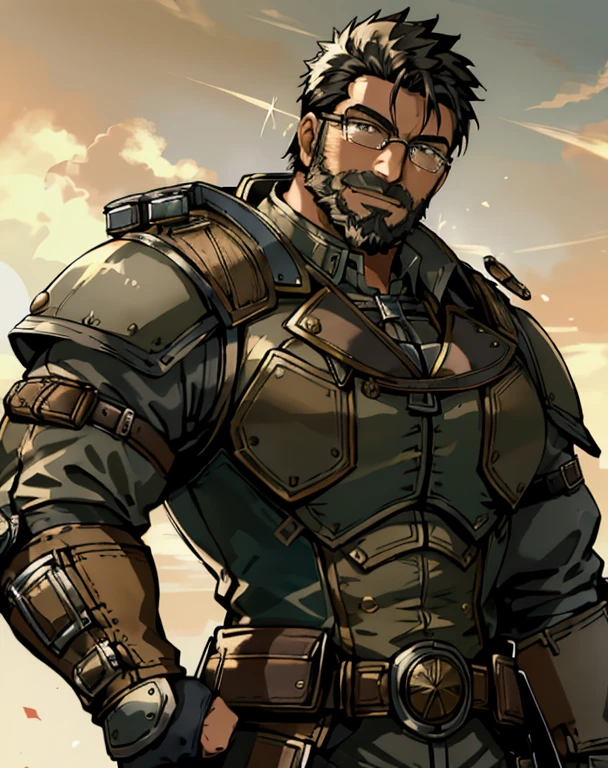  masterpiece ,  better quality ,  full coat,  a man, 30 YEARS, stallion, piece, only,  muscle shirt, sportsman,  huge muscles ,  black hair, black beard, ((full beard:1.0)), black mustache,  green eyes, Steampunk glasses on the head, Steampunk armor, (((sleeveless armor:1.0))), Pulsed steampunk,  looking at the spectator ,  happy expression ,  session