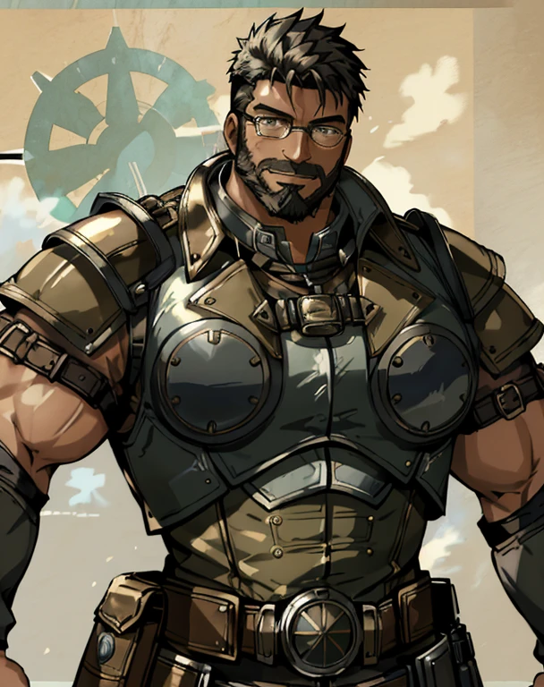  masterpiece ,  better quality ,  full coat,  a man, 30 YEARS, stallion, piece, only,  muscle shirt, sportsman,  huge muscles ,  black hair, black beard, ((full beard:1.0)), black mustache,  green eyes, Steampunk glasses on the head, Steampunk armor, (((sleeveless armor:1.0))), Pulsed steampunk,  looking at the spectator ,  happy expression ,  session