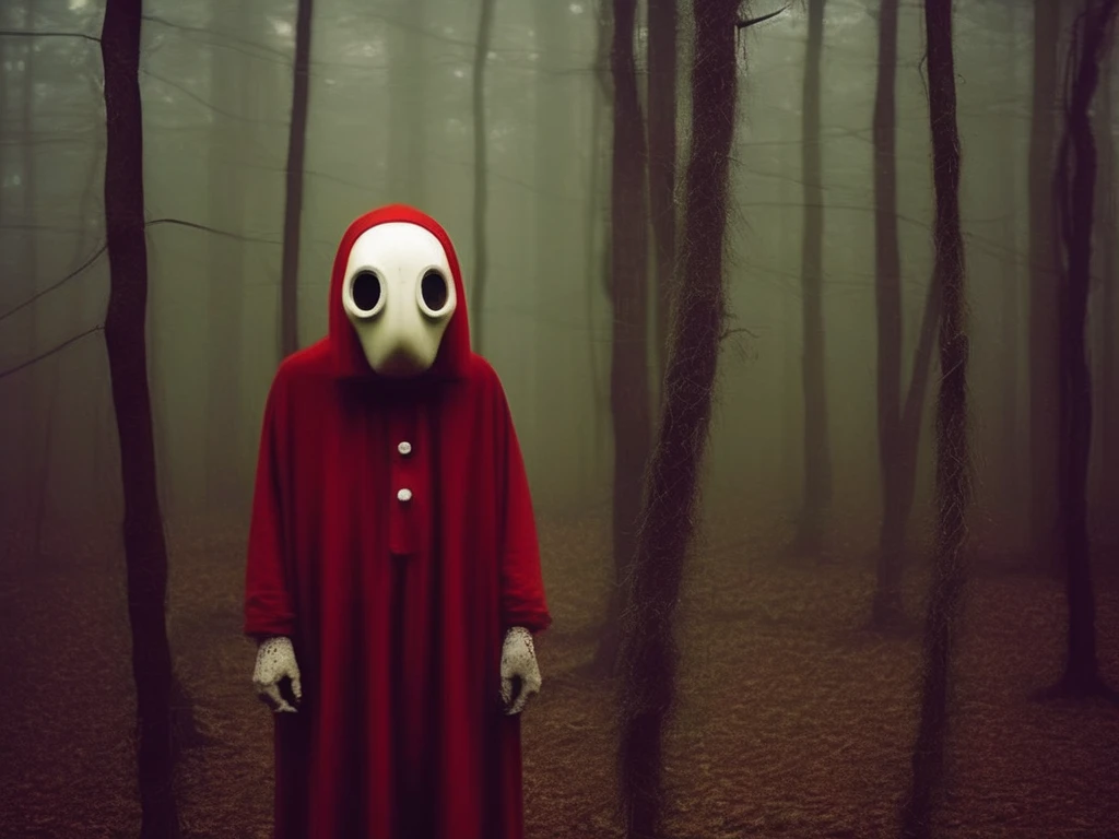  Christopher Ryan McKenney style - Mario's Shy Guy found in the forest , old photos ,  like cryptic a .  Realistic Shy Guy mask fantasy in the forest ,  dark robotic wizard in the forest with puppet masks and alien mathematical magic, strange,  causes fear and discomfort .  Being mysterious and grotesque . fog 