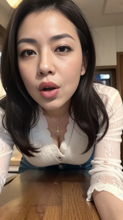 (a masterpiece portrait of a woman with ultra detailed features, in 8K resolution, with crisp quality and vibrant colors), throw、 40 year old mature、Elegant mature woman's kissing face 、 shiny red lips、 thick lips 、 I'm looking at me with a very serious look、 elegant hairstyle 、 Please open your mouth wide、Please let a lot of salivation come out of my mouth 、 red lips、Put your finger on your lips、(looking down:1.8)