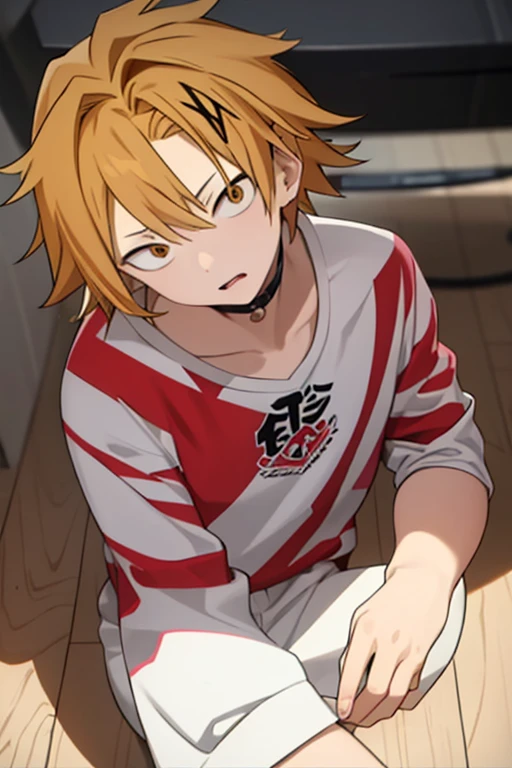  masterpiece ,  better quality ,  lyrics, 1 , Alone, male focus,  looking at the spectator ,  upper body, Kaminari_thank you, blonde hair,  multicolored _hair,   toddler, curious,  sitting on the floor , mirada: curious