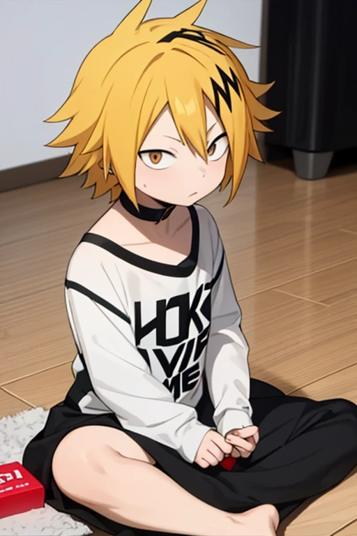  masterpiece ,  better quality ,  lyrics, 1 , Alone, male focus,  looking at the spectator ,  upper body , Kaminari_thank you, blonde hair,  multicolored _hair,   toddler, curious,  sitting on the floor , mirada: curious