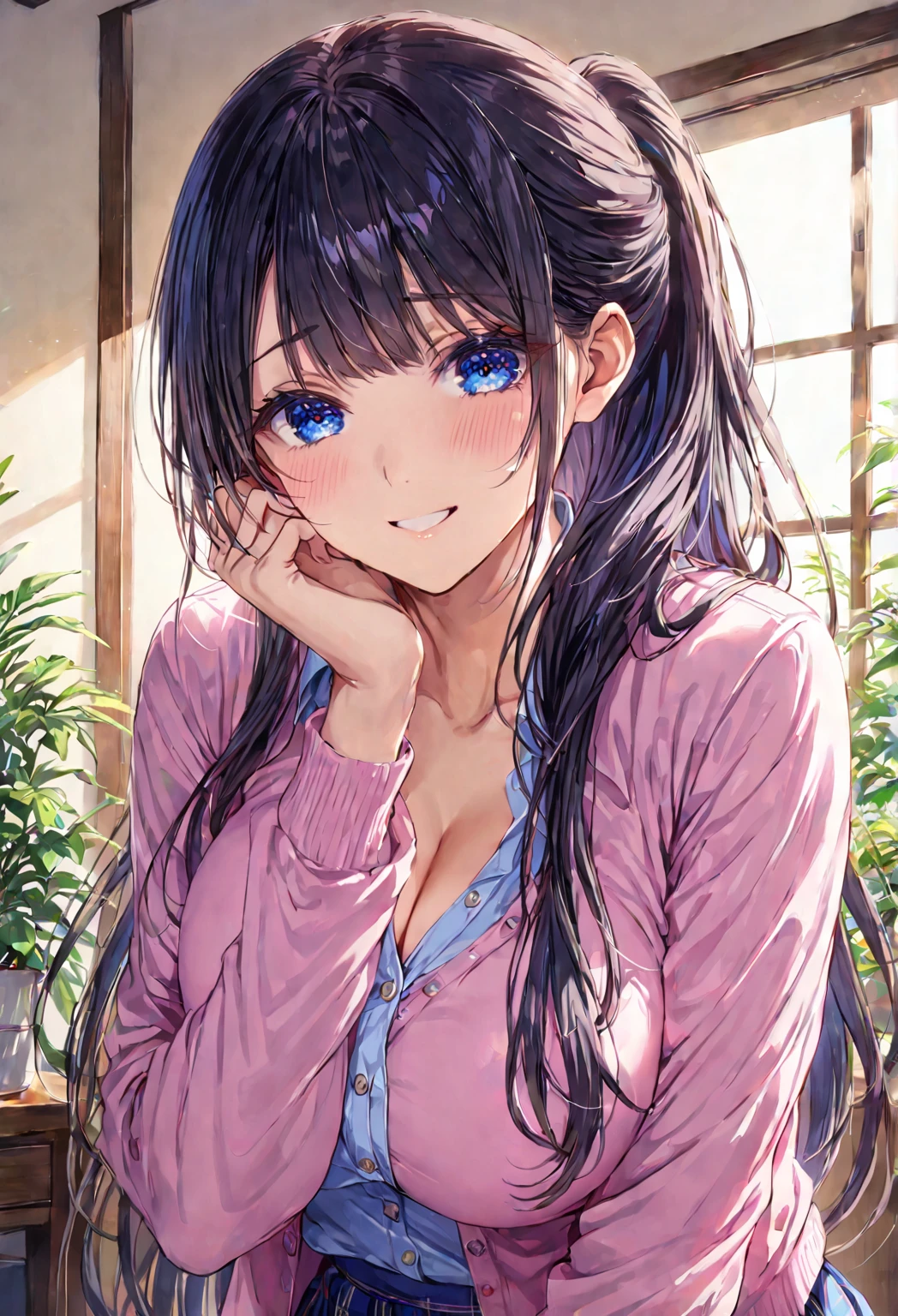 masterpiece, (best quality), 1woman,1girl ,haruhiko_ichijou_mother,  black hair, long hair, ponytail, (blue eyes),casual clothes, (skirt),big breasts ,, ,sexy woman,smile, hair between eyes, long sleeves,closed clothes, embarrassed,blush,  , vibrant colors ,natural lighting  ,RTX,  , beautiful, (detailed face:1.2), showcase, (perfect eyes:1.1) ,(photorealistic:1.1), 8k uhd,  looking at viewer, indoors,  simple backround,