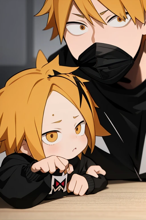  masterpiece ,  better quality ,  lyrics, 1 , Alone, male focus,  looking at the spectator ,  upper body, Kaminari_thank you, blonde hair,  multicolored _hair,   toddler, curious,  sitting on the floor , mirada: curious