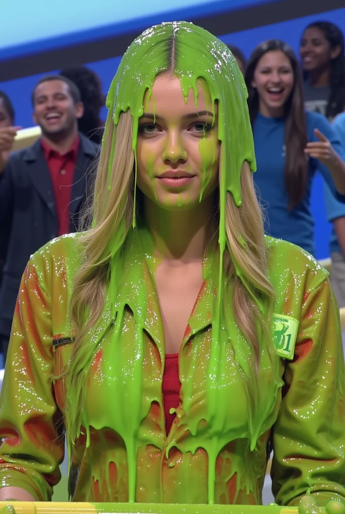 Portrait photograph of Swedish woman covered in green slime. hyper-realistic style. 8k. Photorealistic. Glistening slime. Green slime. Dripping slime. Raw photo. Swedish model. (Swedish girl: 1.1). F/1.4 aperture. 35mm. Jacket. Cleavage. Large breasts. Wet. Wavy blonde hair. Slime on face. Gameshow. Stream of green water falling on her head. Green water splashes on her head. Splashing.