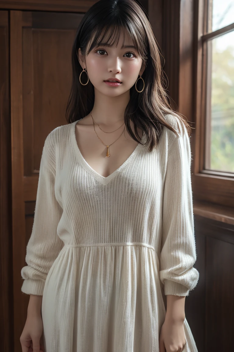 top-quality:1.3、​masterpiece、hight resolution、［1 girl in］、｛独奏｝、Raw photo、Real person、waist-up, Pose in the room, mascara, ,(Textured skin, Skin pores:1.1), (Mole:0.6), (Imperfect skin:1.1) intricate detailes, goose bumps, face perfect, ((Photorealsitic):1.1), (Unripe, 8K:1.2)、Detailed skin、japanes、bob、Thin bunches with bangs crewneck T-shirt、catchlight、piercings、a necklace、white walls、Looking at the camera