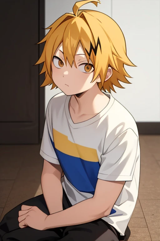  masterpiece ,  better quality ,  lyrics, 1 , Alone, male focus,  looking at the spectator ,  upper body , Kaminari_thank you, blonde hair,  multicolored _hair,   **ddler, curious,  sitting on the floor , mirada: curious