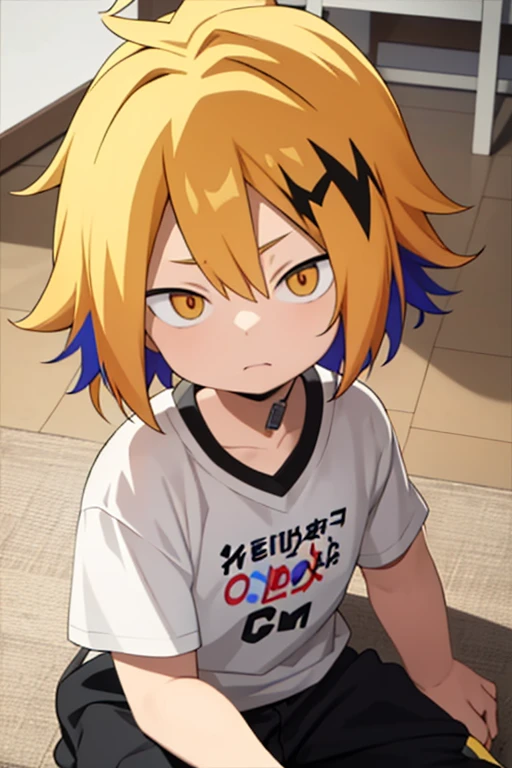  masterpiece ,  better quality ,  lyrics, 1 , Alone, male focus,  looking at the spectator ,  upper body , Kaminari_thank you, blonde hair,  multicolored _hair,   toddler, curious,  sitting on the floor , mirada: curious