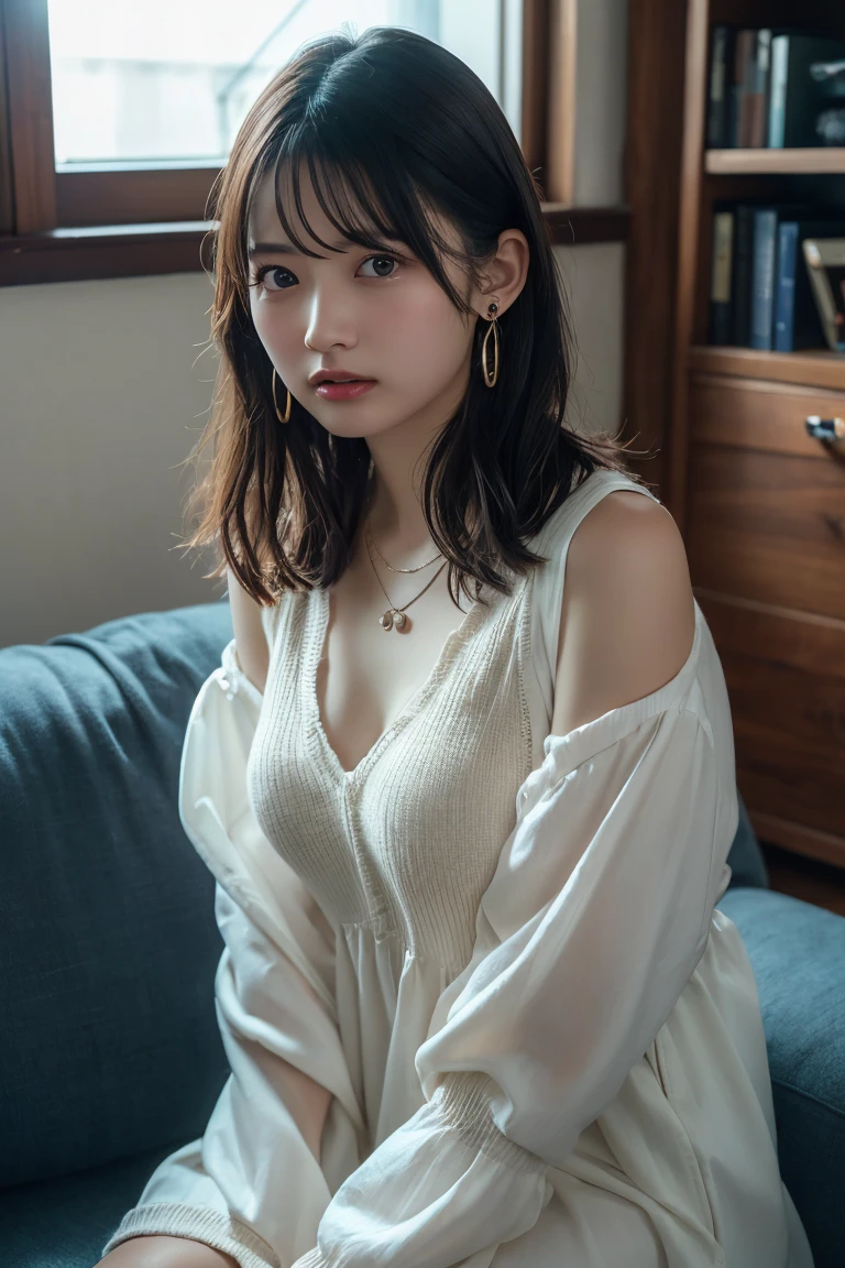 masterpiece, highest quality, 8k, 20th Generation, Large Breasts, cute, alone, sad, cute, Girlish, Delicate girl, Pure beauty, RAW Photos, Professional photography, Portraiture, Soft Light, Professional Lighting, Backlight, Head to Knee, avert your eyes, Sophisticated, Film Grain, (Eyes and facial details:1.0), Short floating hair, Beautiful, flowing hair, bangs, (A loose fitting tunic(Pale pale yellow))、(Large Breasts:1.2)、You can see a little cleavage、The nipple protrusions are clearly visible、Micro Mini Skirt、Voluptuous thighs、Translucent white skin、Dolly Makeup、(Odd Eye、The left and right eyes are different colors)