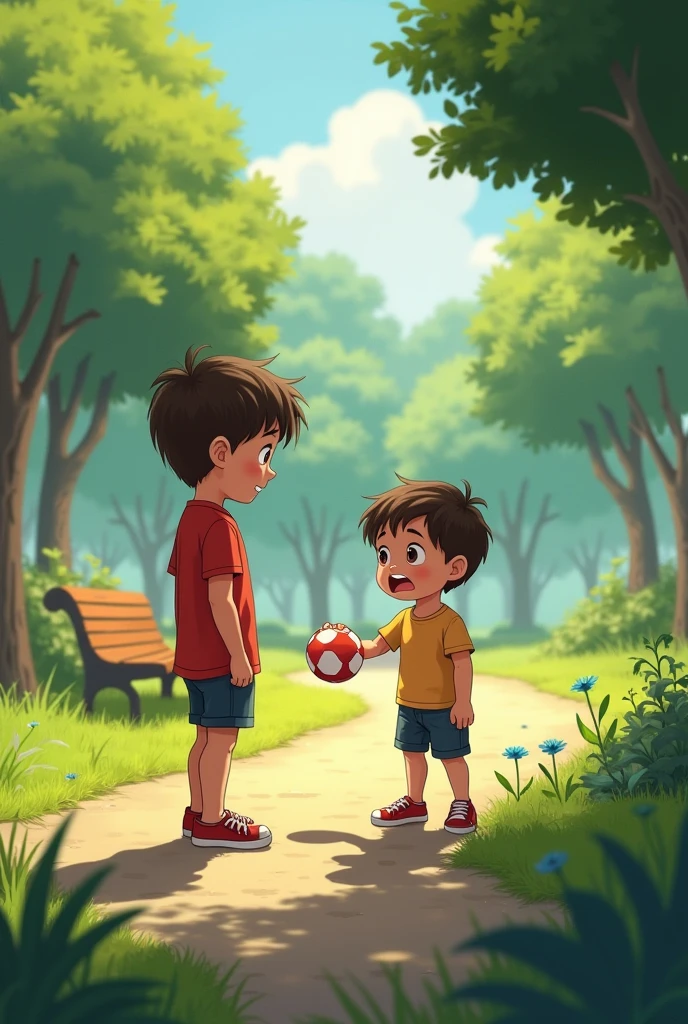 An image of two boys in a park or playground, showing their rivalry with crossed arms or frowns.