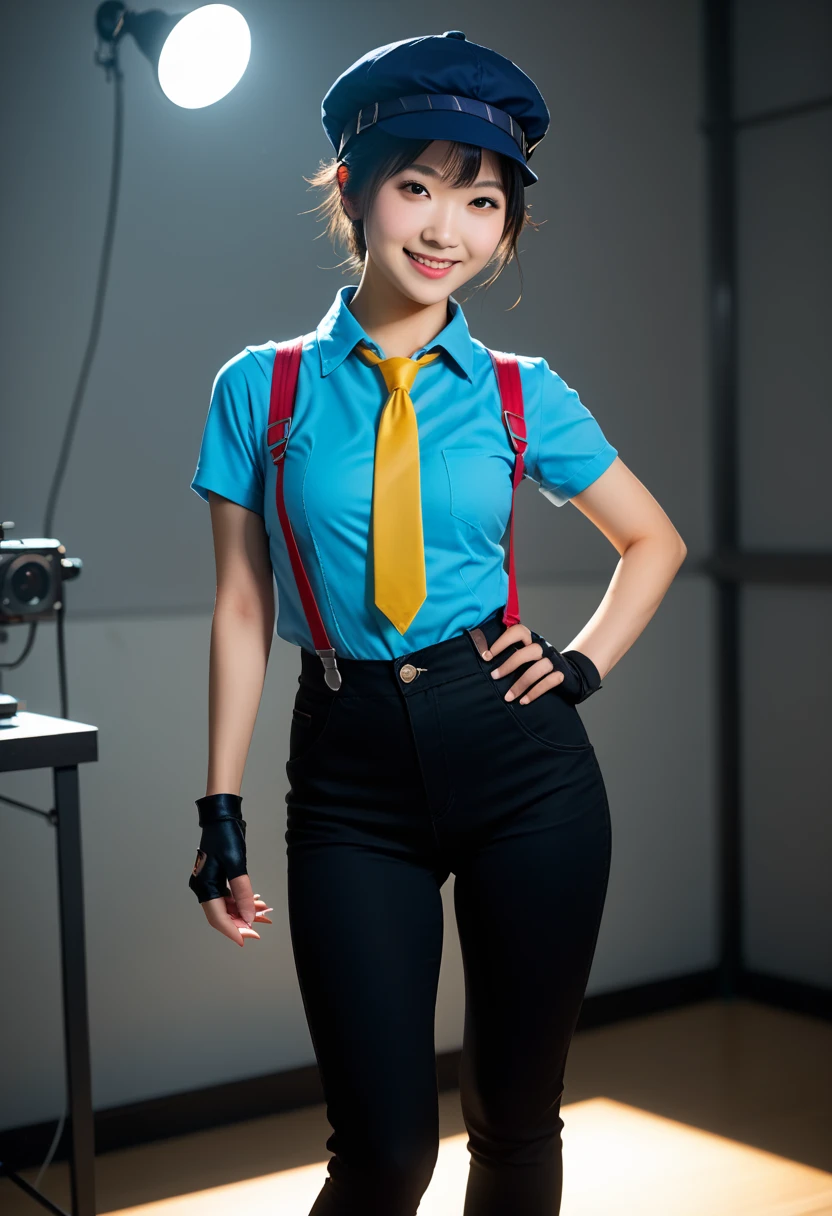 score_9, score_8_up, score_7_up, realistic lighting, photo, photorealistic,asian, solo, 1girl,cute young girl, naotodancing, smile, looking at viewer, hand on hip, cabbie hat, blue shirt, yellow necktie, suspenders, fingerless gloves, black pants, wide hips, huge thighs, medium breasts, spotlight 