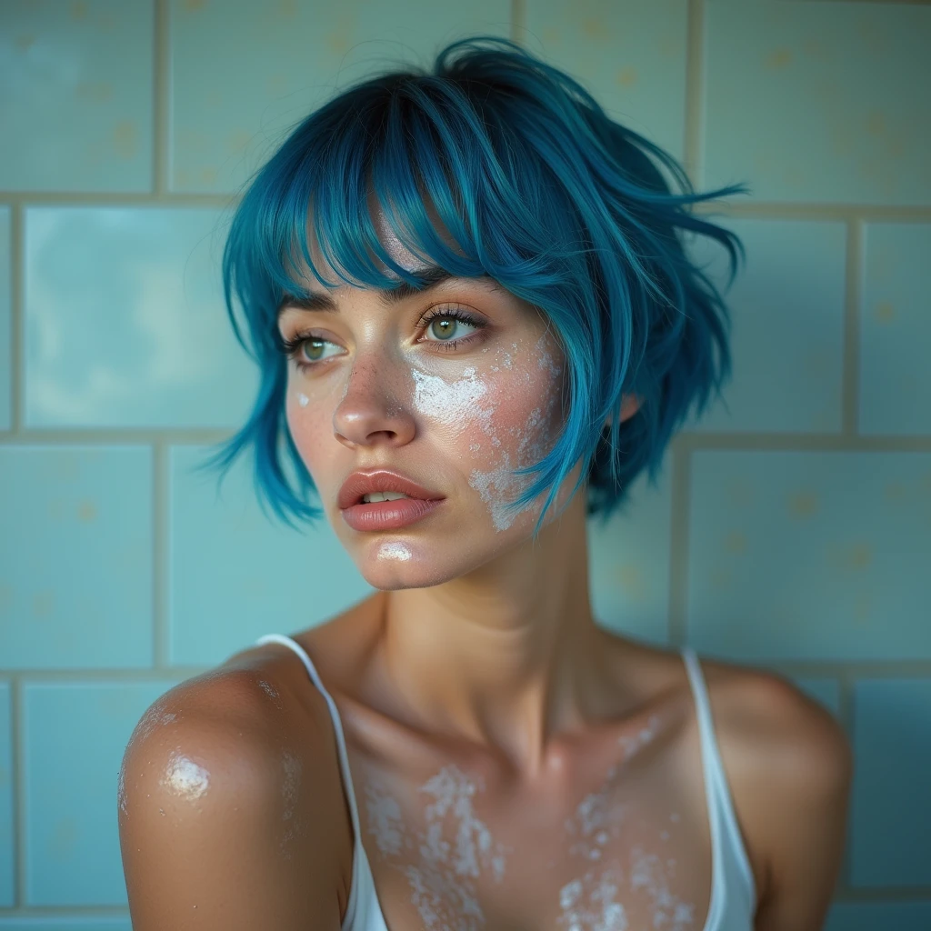 a beautiful detailed birracial woman taking a relaxing bath, blue hair, blue eyes,soap suds and foam, hyper realistic, warm soft lighting, serene and peaceful atmosphere, photorealistic, 8k, high quality, masterpiece