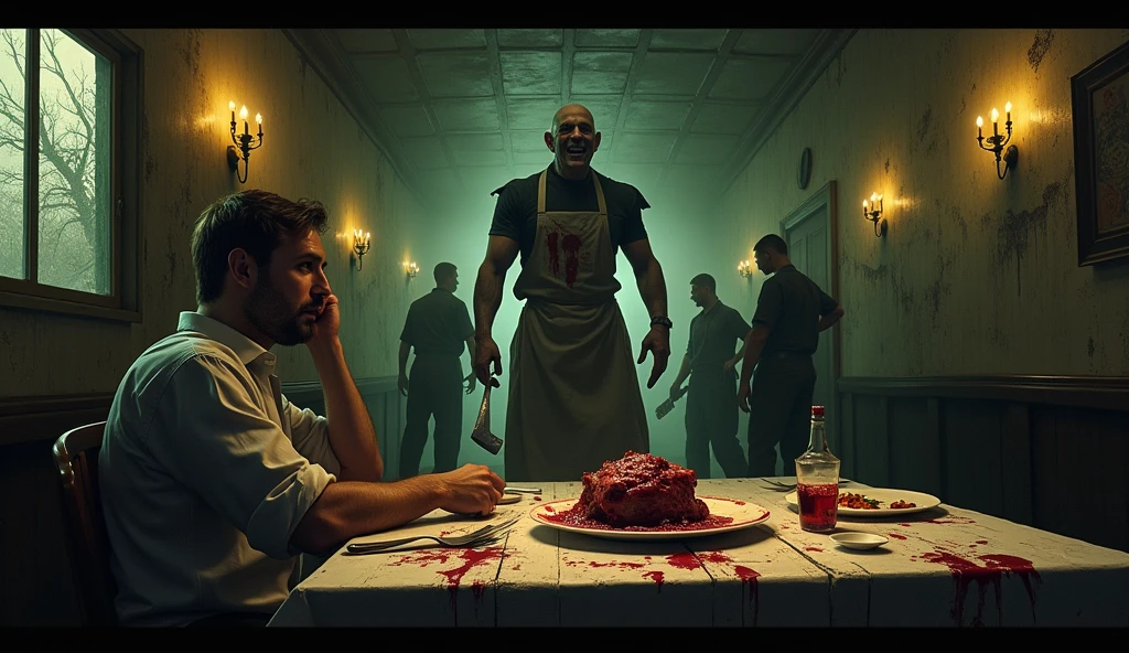 Headless bodies sitting on the dining table covered in blood,jantar de terror realista