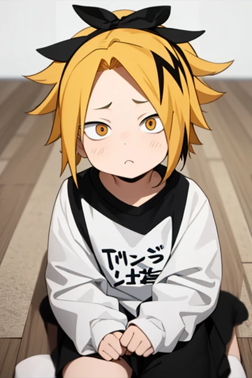  masterpiece ,  better quality ,  lyrics, 1 , Alone, male focus,  looking at the spectator ,  upper body, Kaminari_thank you, blonde hair,  multicolored _hair,   toddler, curious,  sitting on the floor , mirada: curious