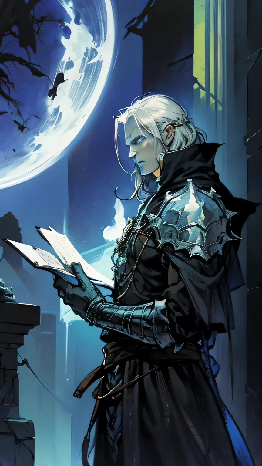 male with blue skin, shoulder length hair, white_hair, fantasy, SCI-FI, masculine, in the style of Kentaro Miura, Darksouls, Elden ring, glowing spine,