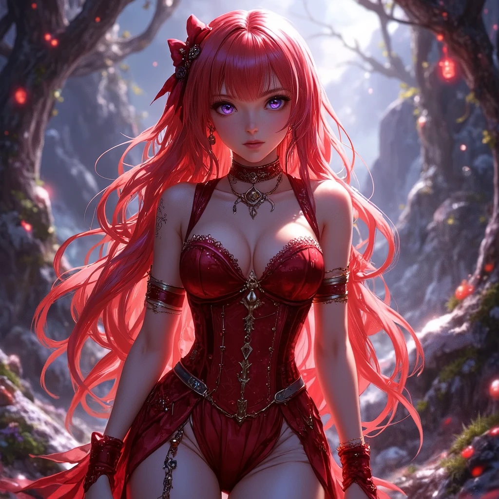 A young woman with very long red twintails, Perfect proportions, (defined eyes, eye correction), red crystal roses, ((More red crystal roses)), posing for a photo, (Abstract art:1.6), (Delicate images), (Highly detailed), (high resolution), (Best quality), (masterpiece)