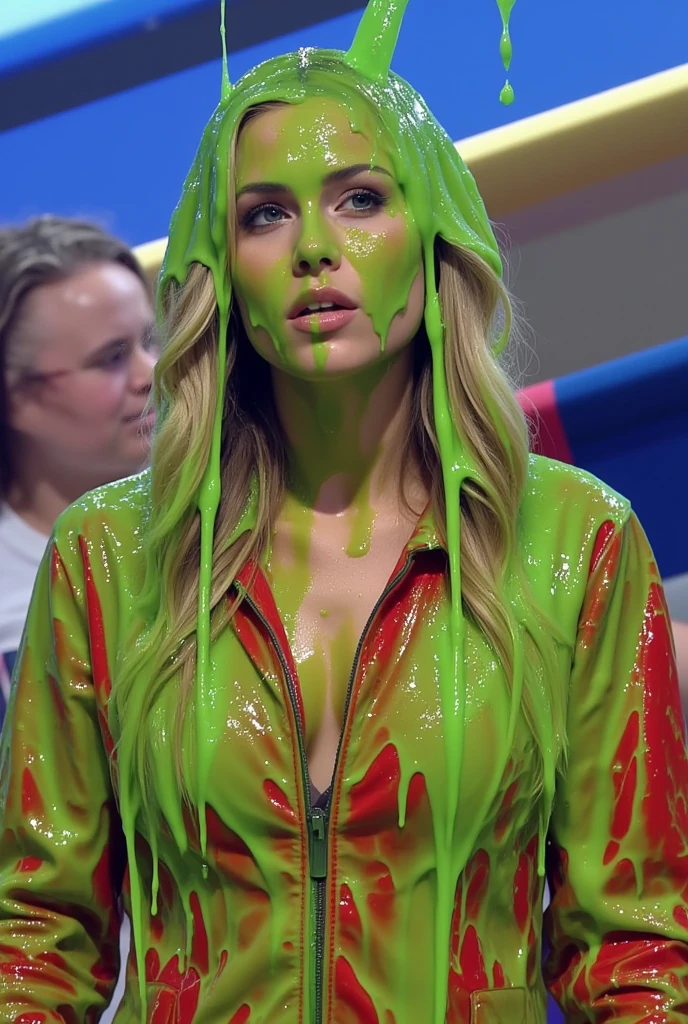 Portrait photograph of Swedish woman covered in green slime. hyper-realistic style. 8k. Photorealistic. Glistening slime. Green slime. Dripping slime. Raw photo. Swedish model. (Swedish girl: 1.1). F/1.4 aperture. 35mm. Red Jacket. Cleavage. Large breasts. Wet. Wavy blonde hair. Slime on face. Gameshow. Stream of green water falling on her head. Green water splashes on her head. Splashing green water. Green water splatters. Splashing. Splattering. 