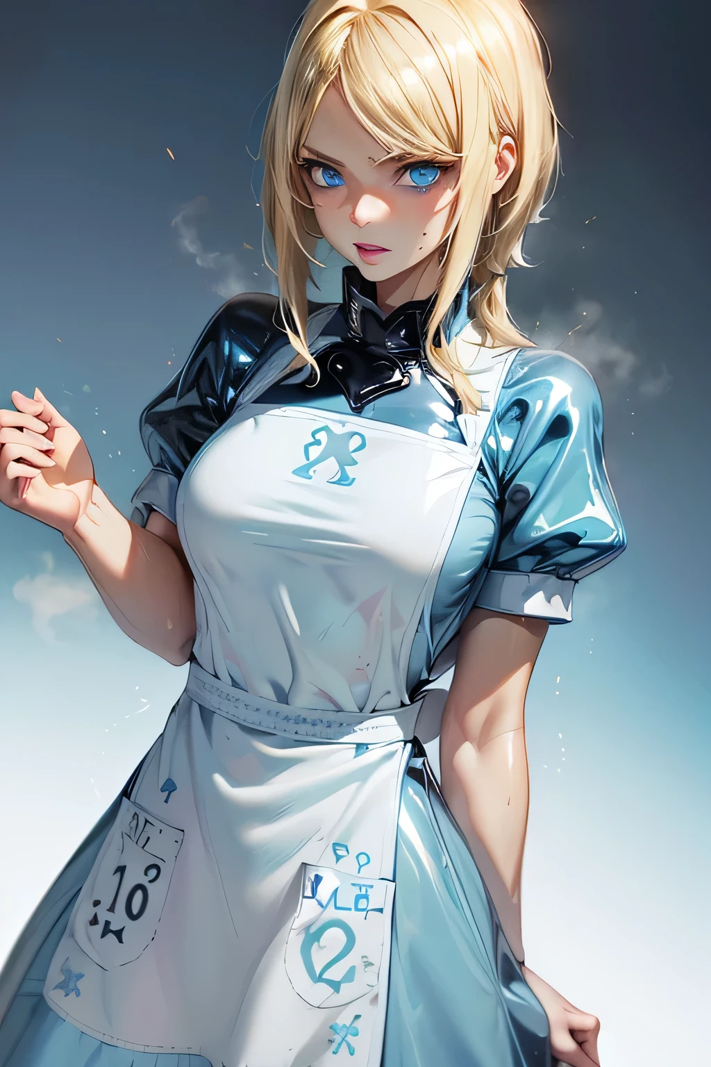 perfect anatomy best quality, highest resolution,(((latex light blue apron dress Blonde blue eyes sweat))) Alice in Wonderland