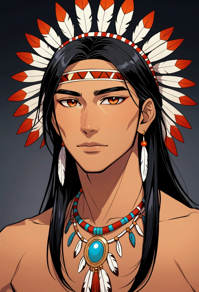  Makes a character design of a 22-year-old androgen male, descendant of North American Indians  (Cherokee),  with a slender body and a face with light indigenous features ,  straight black hair long and very peaked and bulky 