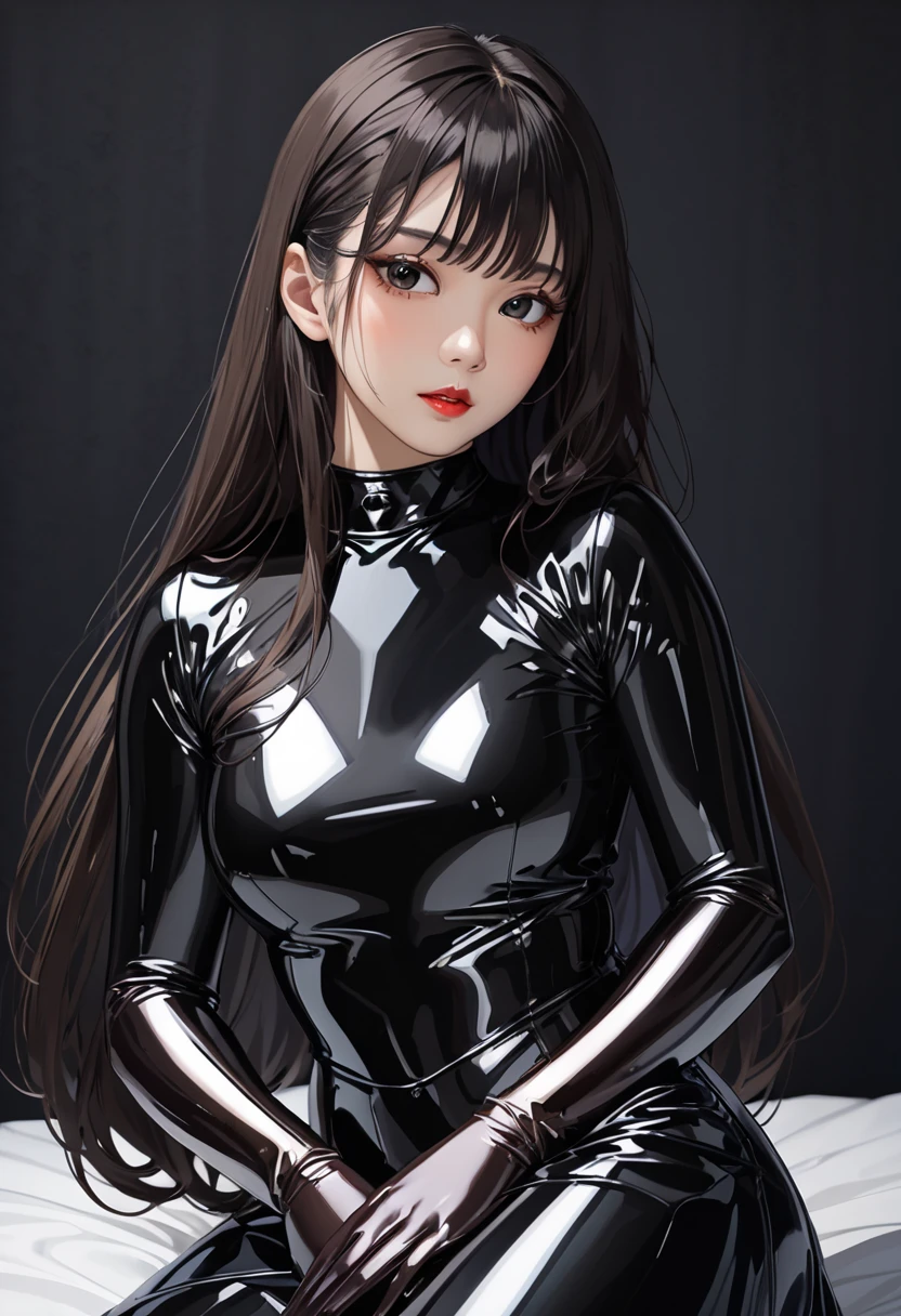 Ultra Macro Photography, fantasy girl, ((cute girl)), huge breasts, latex outfit, shiny/glossy latex, erotic outfit, hyper holographic black latex, long hair, long bangs, defined thick thighs, NSFW, hentai, perfect makeup, realistic face, (detailed eyes), light blue eyes, blonde hair, ponytail hairstyle, eyelashes, :o, bedroom, sitting on bed, leaning forward, (eyes looking at viewer), breasts shot, glasses 