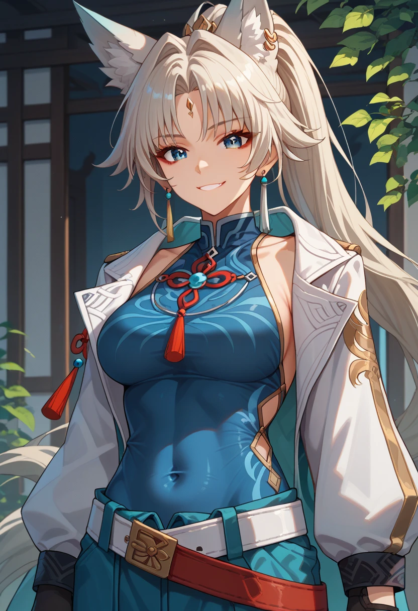 score_9,score_8_up,core_7_up, feixiao-hsr, 1girl, animal ears, solo, looking at viewer, gloves, blue eyes, breasts, fox ears, long hair, smile, jewelry, earrings, animal ear fluff, covered navel, belt, ponytail, bangs, facial mar 