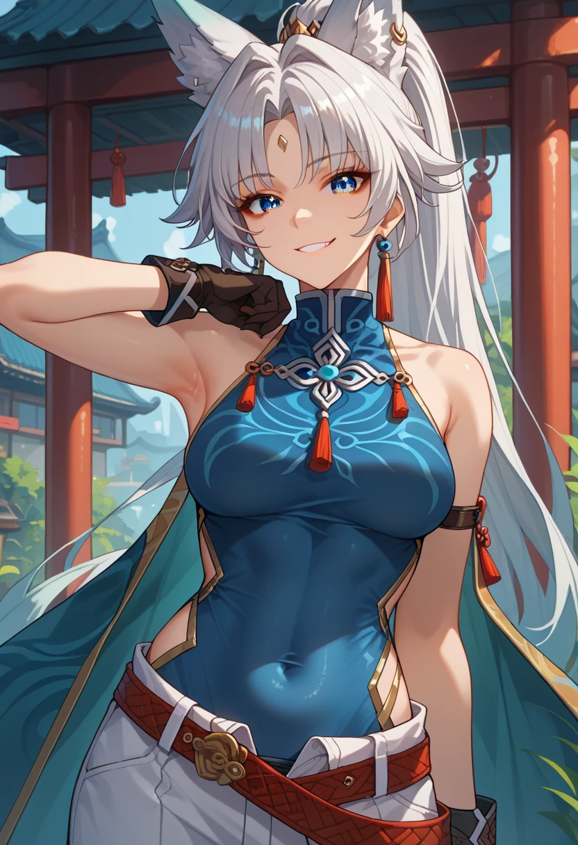 score_9,score_8_up,core_7_up, feixiao-hsr, 1girl, animal ears, solo, looking at viewer, gloves, blue eyes, breasts, fox ears, long hair, smile, jewelry, earrings, animal ear fluff, covered navel, belt, ponytail, bangs, facial mar 