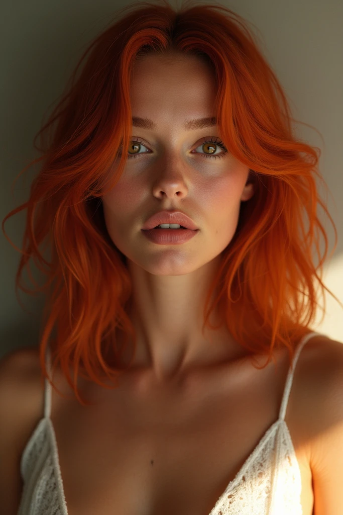Rothaarige Frau, straight hair, medium length hair, brown eyes , attractive, tanned,