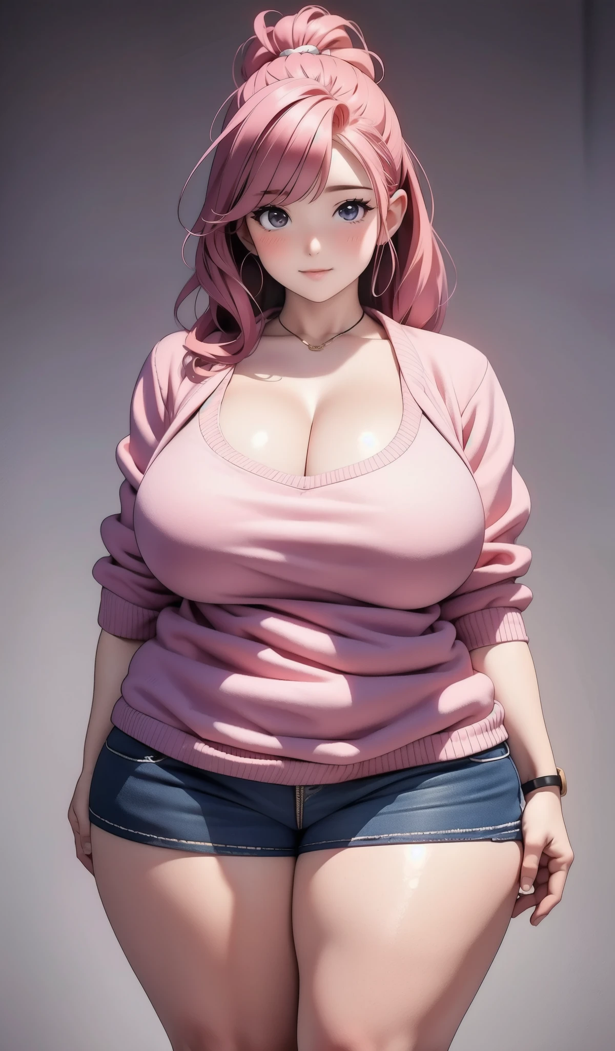 personally delivered_haramura, 1 girl, alone,(better quality, masterpiece), (chubby body), emphasize the thighs,  Big breasts, put your hand on your chest