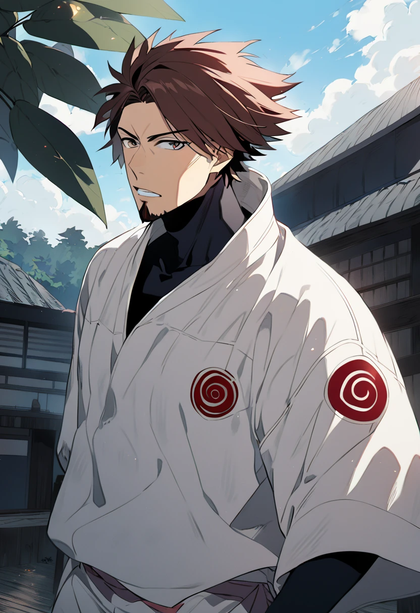 1 man, beautiful ,  tight hair ,  Brown Hair ,  short hair,  brown eyes ,  goatee ,  goatee castanho, 24 years old, Uchiha clan ,uchiha clan, , anime style, slim, alone
