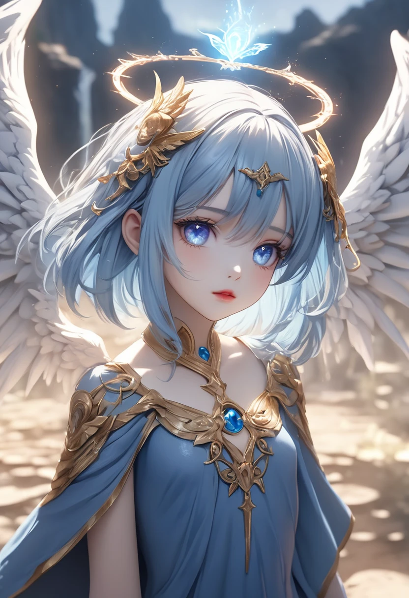 I want a young boy with blue hair, bright golden eyes, a crown on top of his head, he has 6 wings, he is holding a beige fig in his hand., the image is anime 