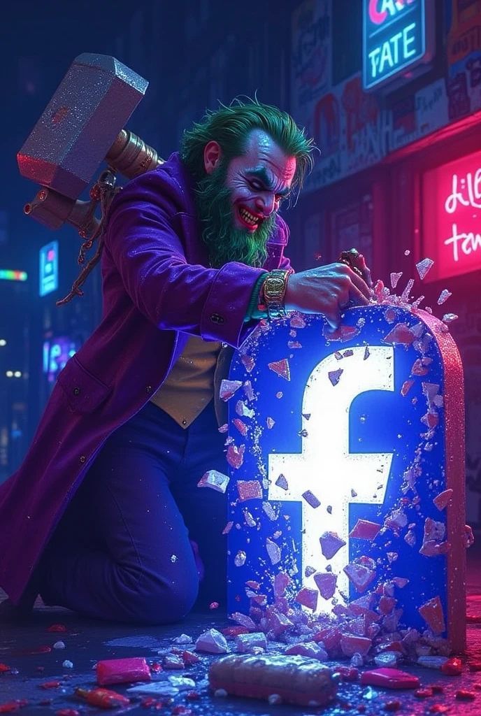 ((masterpiece)) ((photography)) ((Highest quality)) A dynamic and hyper-detailed illustration of the Joker with a thick black beard, wearing his signature chaotic outfit with a purple trench coat and green vest. He is ((furiously smashing the Facebook logo with an oversized, cartoonish hammer)). The logo is cracked and shattering under the force of his blow, with fragments flying dramatically in all directions. The Joker's face is twisted in manic glee, his eyes wide with crazed satisfaction. The background is dark with neon lighting, featuring a chaotic, graffiti-covered urban setting that amplifies the scene's anarchic energy.