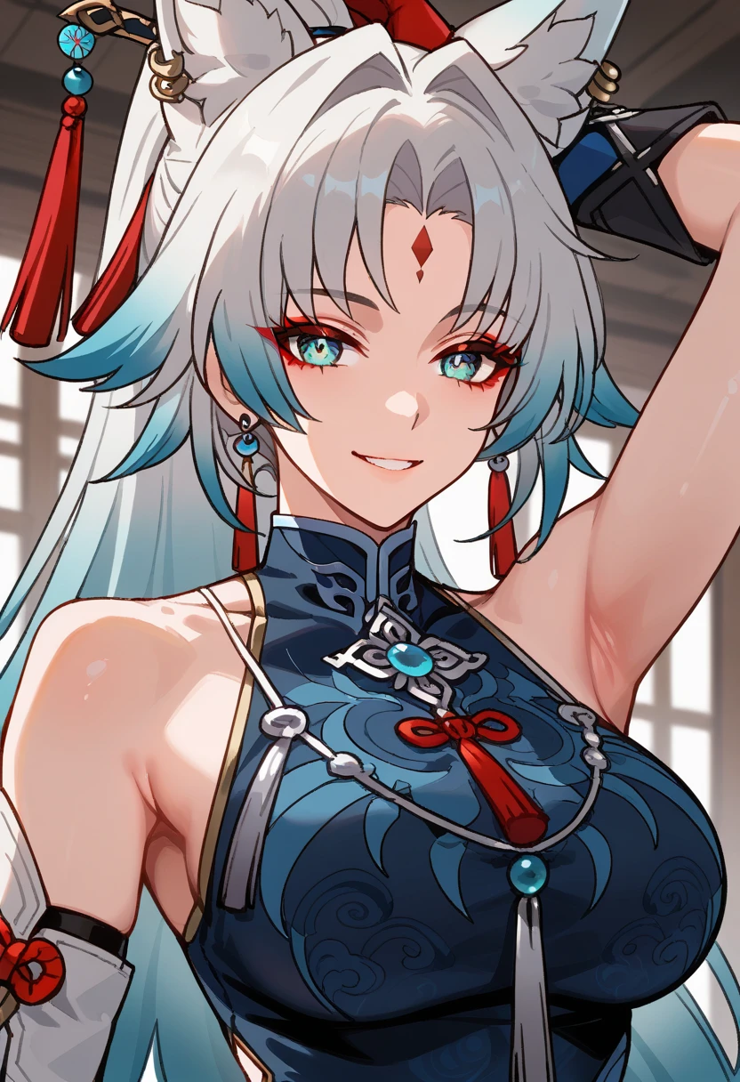 Shu_Hess_Feixiao, Feixiao, One person,Bust Shot,Wicked Smile,  View your viewers, Red eyeliner, Make,  Forehead mark,Gray Hair, Very long hair, Gradient Hair, blue hair tips, ponytail, Aquamarine Eyes, Animal ears, Big Breasts nude , Black footwear, Tassel, blue dress, Tassel earrings, Blue Shirt,gloves,Red finger, Chinese clothing,Very large breasts,Very thick legs, Place your hands on the back of your head, Show your armpits