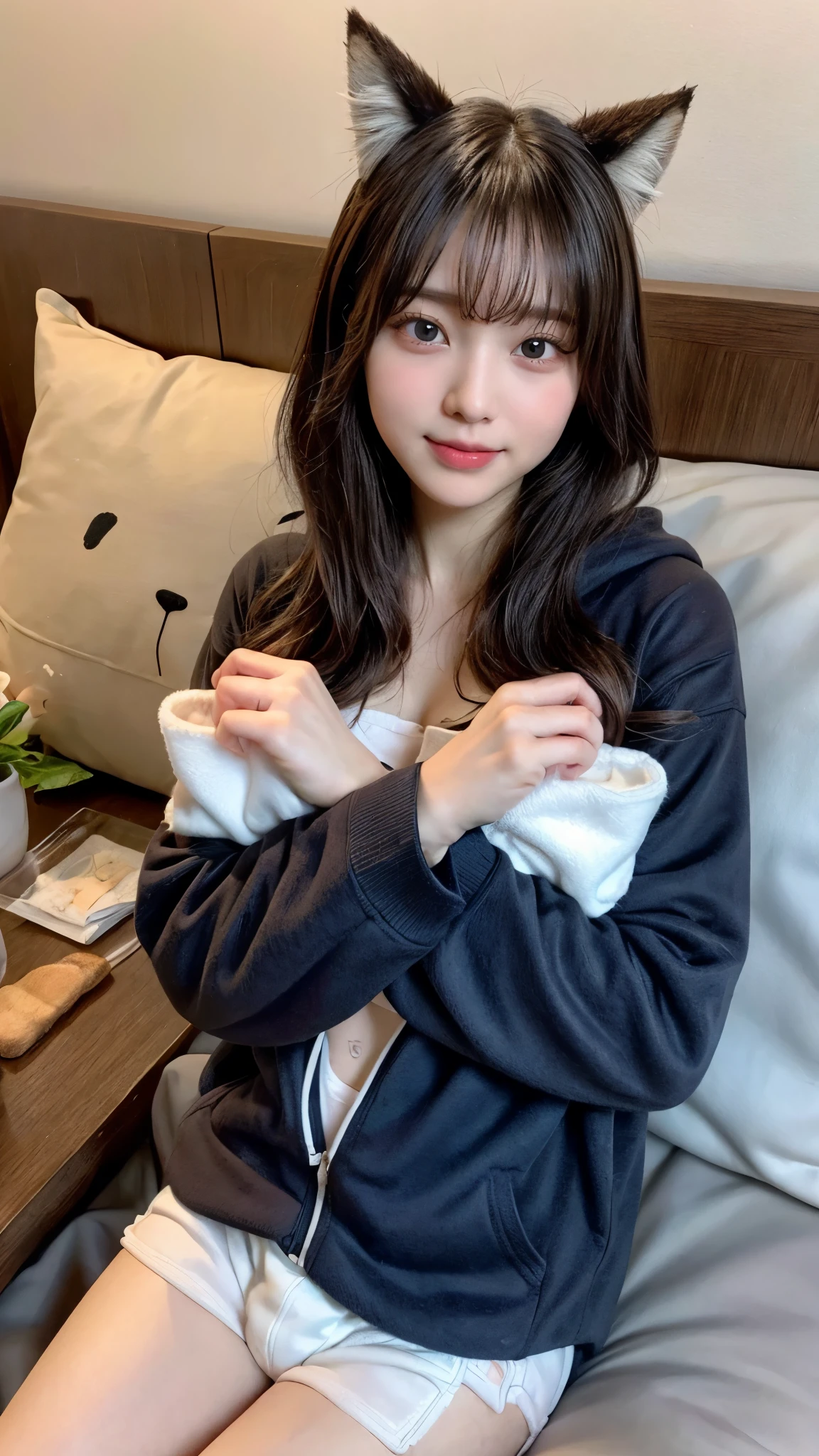 Bathrobes,(open mouth:1.5),(tongue out:2),lying,hand between legs,overhead shot,side view,face focus,(1girl,Beautiful 14 year old girl,teenager),((Slender,Small breasts,Small face,)),(looking at viewer),Black Hair,bangs,one side up,Beautiful and detailed,(Dimly lit room:1.5),White bed,pillow,Mischievous smile