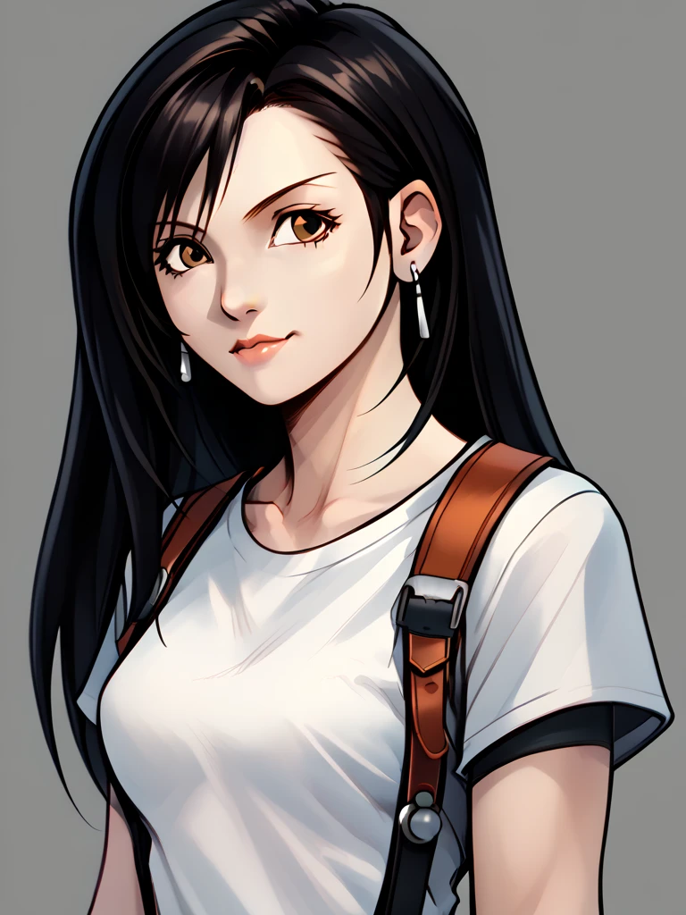 score_9, score_8_up,score_7_up,1girl, solo,blank background,portrait, Jadechan, dressed as TIfa, tifa's outfit, short black hair, brown eyes,