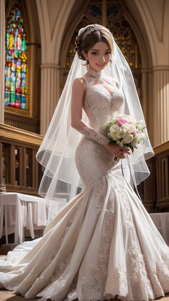 full body, full shot,photorealism, in detail and in detail an extremely beautiful slender sexy bride in a cream wedding dress with intricate lace patterns and a beautiful long veil with intricate patterns stands in partial shade among the columns of a beautiful building. on the face and body, the bride holds the wedding dress with her hands, the pose is beautiful sexy C-shaped stilettos of cream color with intricate patterns, the bride's face is European, perfectly beautiful proportions are neat facial features, the eyes are bright green-blue eyelashes are long and fluffy, the bride's physique is slender and graceful, her legs are graceful and longer than the body in proportion, graceful hands in precious jewelry, on the head of the bride there is a wedding tiara with beautiful diamonds, natural detailed skin, pore skin, skin natural shine, skin color is perfect, cheeks are slightly ruddy, wavy long blond hair to the knees is beautifully flowing in detail and in detail , lighting side daylight soft, hyper detail, sharp focus, photorealism, naturalistic, Jerry Gionis style