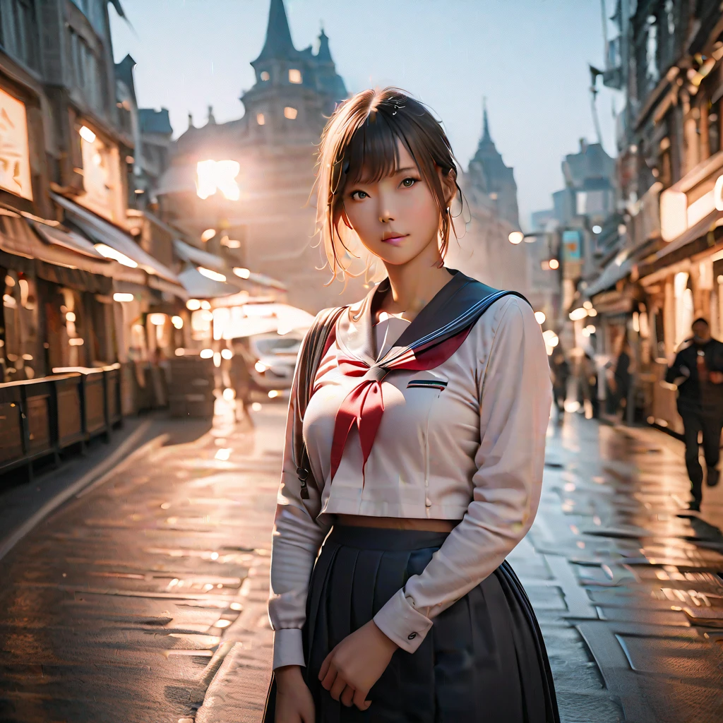 Invisible person, (masterpiece, best quality:1.2), 1girl, solo, School Sailor Uniform, in realistic city, (8k, RAW photo, best quality, masterpiece:1.2), (realistic, photo-realistic:1.37), photon mapping, radiosity, ((Hasselblad photography)), physically-based rendering, (close-up shot of breasts)