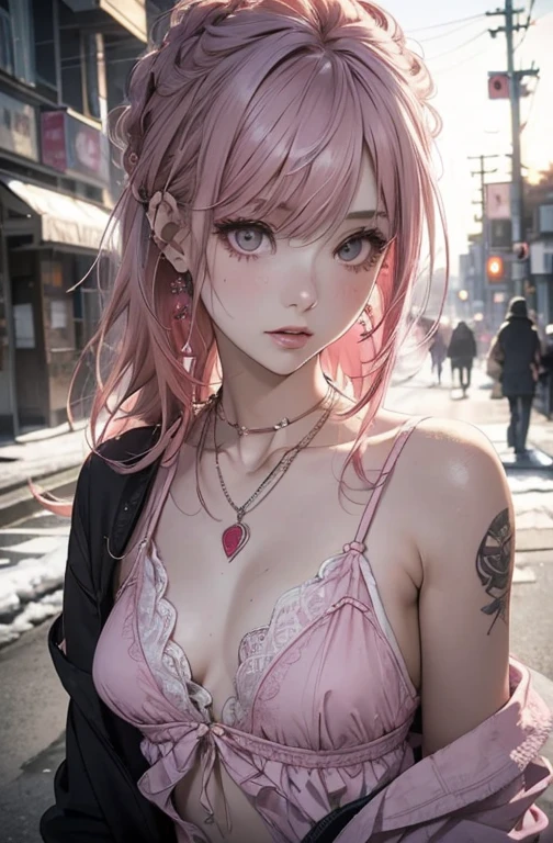 (masterpiece, best quality:1.4), 8k, Pastel Pink Hair, Messy Braided hair, Young adult, anime girl, smile, teasing, light blue Eyes, Medium chest, in Class, Pink Jacket, white crop top (detailed eyes and face, sharp pupils, realistic pupils:0.6)