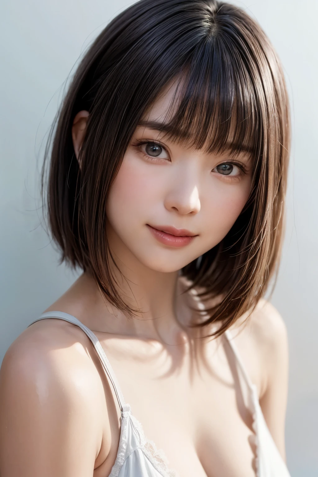 (8K、Raw photography、Top image quality、hight resolution:1.1)、(A hyper-realistic:1.4)、(realisitic、Photorealsitic:1.3)、Soft light、girl with、short-hair、japanes、20yr old、Lifelike face、Realistic body、real looking skin、、absurderes、​masterpiece、(cute little:1.8)、Cuties、独奏、(long:1.2)、Detailed black eyes、Innocent eyes、cheek、（Tank tops:1.2)、cinematric light、film grains、((hugetits:1.1))、Pink lips、a closeup、Look Viewer、The upper part of the body、 Open lips、Upper teeth、(Smiling eyes:0.6)、((Grinning:1.2))、depth of fields、blurry backround、eyes focus、bokeh dof、夏天、Shinjuku、mare、105mm lens、Colossal tits、F / 1.4、Professional Lighting、年轻、portlate、photon maping、Radio City、physically-based renderingt