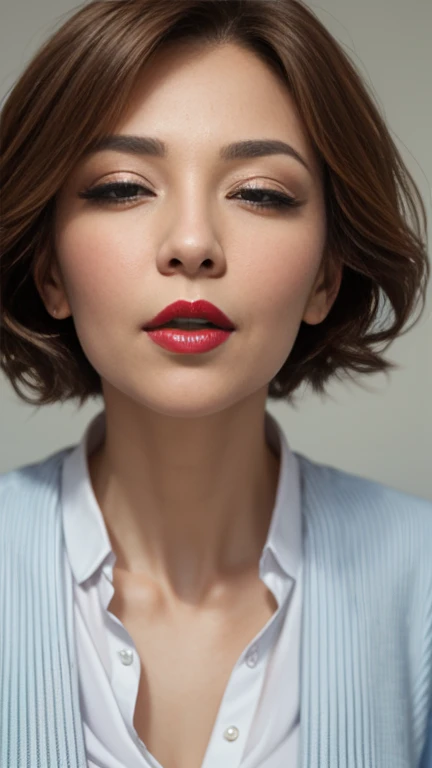 (a masterpiece portrait of a woman with ultra detailed features, in 8K resolution, with crisp quality and vibrant colors), (throw:1.2)、 40 year old mature、Eyes half closed、Elegant mature woman's kissing face 、( shiny red lips:1.2)、 thick lips 、 looking at me with a very serious look、 elegant hairstyle 、( Please open your mouth wide)、Please let a lot of salivation come out of my mouth 、 red lips、(looking down:1.8)、Perfect Makeup、 eyeliner、 eyeshadow、long eyelashes、 realistic facial wrinkles:1.2、