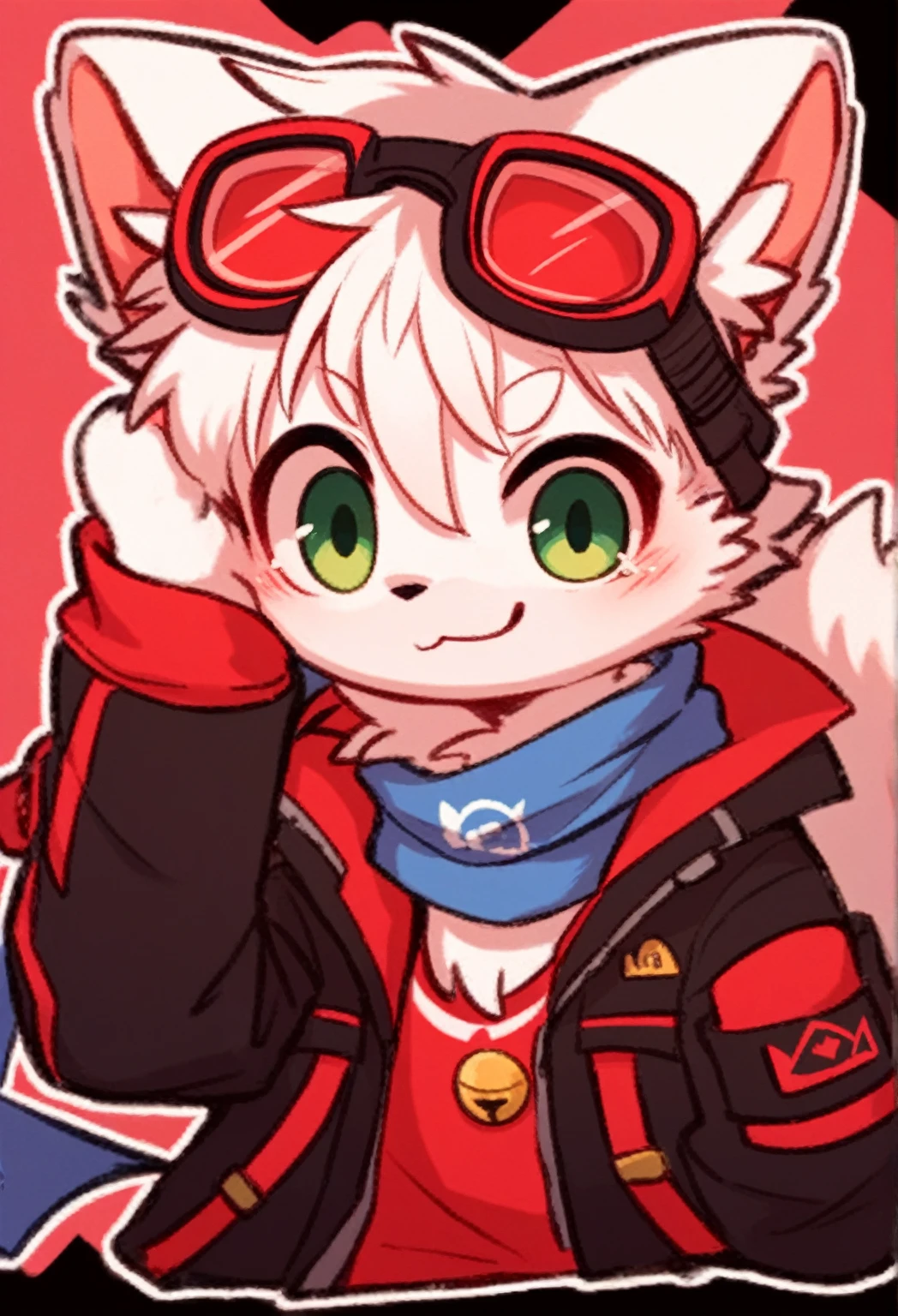 very detailedな, very detailed, white fur white hair, cute boy, male , cat fur, cute face, fluffy fur like one, cute ears ,Fluffy Ears ,Fluffy Ears ,Show your legs, Show me a paw, green eyes, cute fur boy , boy, Alone, Droopy ears, Blue Scarf ,black jacket with red trim, all glass tactical goggles, sobbing , both arm holding head, trembling