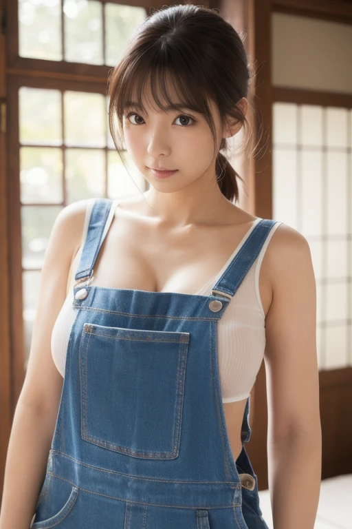 (best quality: 1.5), (realistic: 1.5), (1 person: 1.5), (very detailed), (high resolution), 8k, (naked overalls), (small breasts), Natural colored lips, cute smile, Japanese woman, 20 year old girl, (Beautiful and elaborate face), (Perfect and beautiful face), (Big eyes), (Beautiful and elaborate face), (Beautiful eyes with left and right balance) , beautiful double eyelids, perfect and beautiful face, thin arched eyebrows, slim face, (slim figure), beautiful thin nose, beautiful skin, (medium bob hair), natural bangs, fair skin, frontal lighting, (lighting the face), brunette eyes, slim waistline, slender beautiful legs, beautiful cleavage, small breasts, (slim body), wear overalls naked, mechanics, machinery, beautiful breasts, factories, slim and beautiful thighs, leaning pose, (slim body),