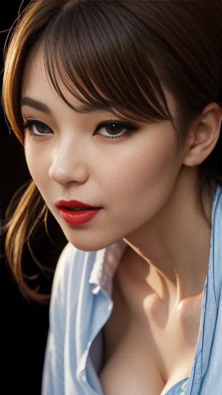 different_face、(a masterpiece portrait of a woman with ultra detailed features, in 8K resolution, with crisp quality and vibrant colors), (throw:1.2)、Leaning forward、 40 year old mature、Eyes half closed、Elegant mature woman's kissing face 、( shiny red lips:1.2)、 thick lips 、 I'm looking at me with a very serious look、 elegant hairstyle 、( Please open your mouth wide)、Please let a lot of salivation come out of my mouth 、 red lips、(looking down:1.8)、Perfect Makeup、 eyeliner、 eyeshadow、long eyelashes、 realistic facial wrinkles:1.2、Big Breasts、 cleavage、