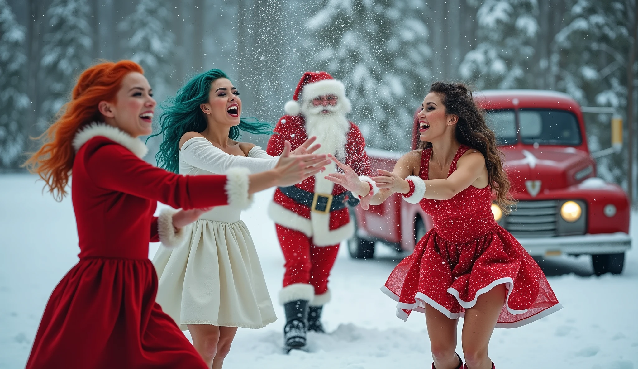 some beautiful blue-skinned elf girls with delicate sapphire hair, ice blue eyes in a red and green bikini, playing in the snow (tossing snowballs, building snow women, splashing snow at one another) outside Santa's workshop on a starry night, lots of Christmas decorations, gingerbread and gum drop elf cabins, ultra-realistic, 8k, highly detailed, masterpiece, volumetric lighting, photorealistic, intricate, elegant, ethereal, whimsical, fantasy, soft warm lighting